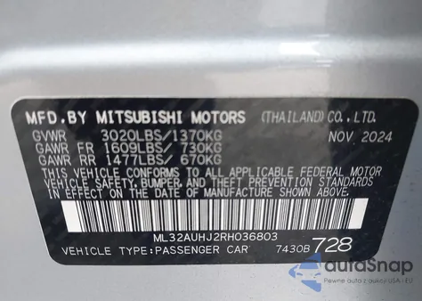2024 Mitsubishi Mirage Es z USA, uszkodzony, nr VIN ML32AUHJ2RH036803